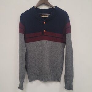 London Fog Vtg Wool‎ Henley Sweater Size L Striped Heritage Buttons Old Money